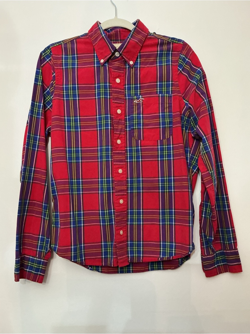 Hollister Red Plaid Button-Down with Blue & Yellow Accents